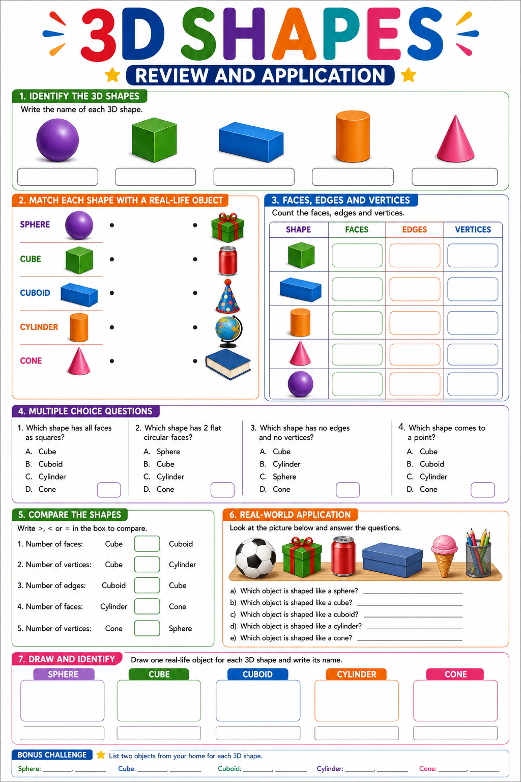 3D Shapes Review and Application Worksheet (Class 3)