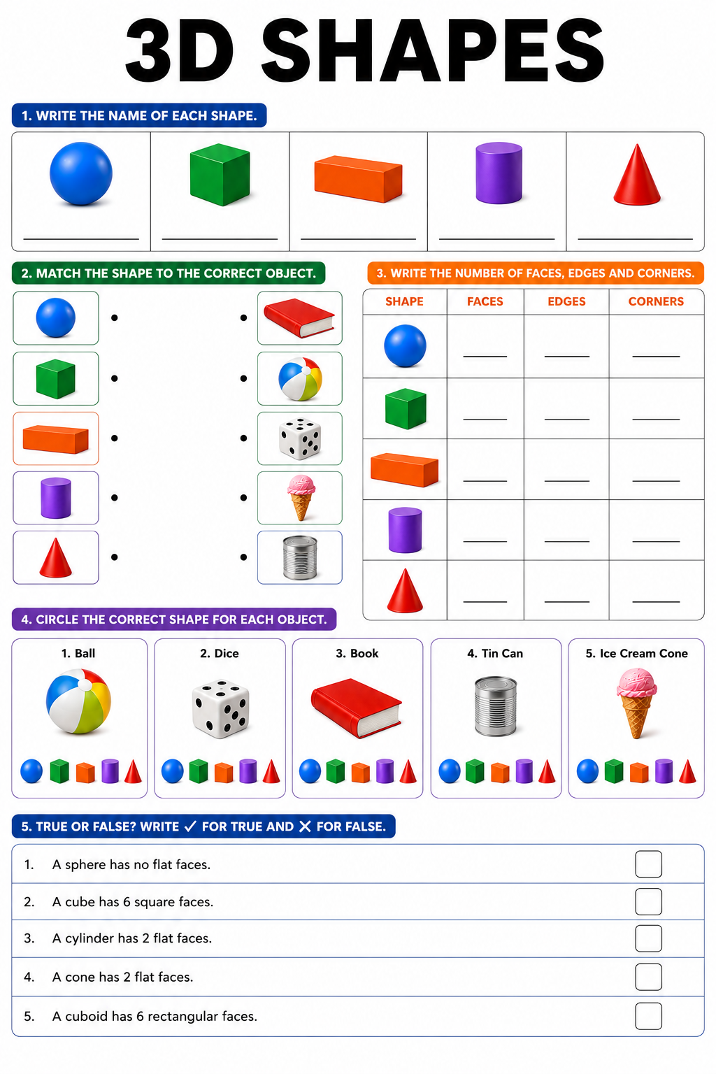 3D Shapes: Identify, Match and Properties Worksheet