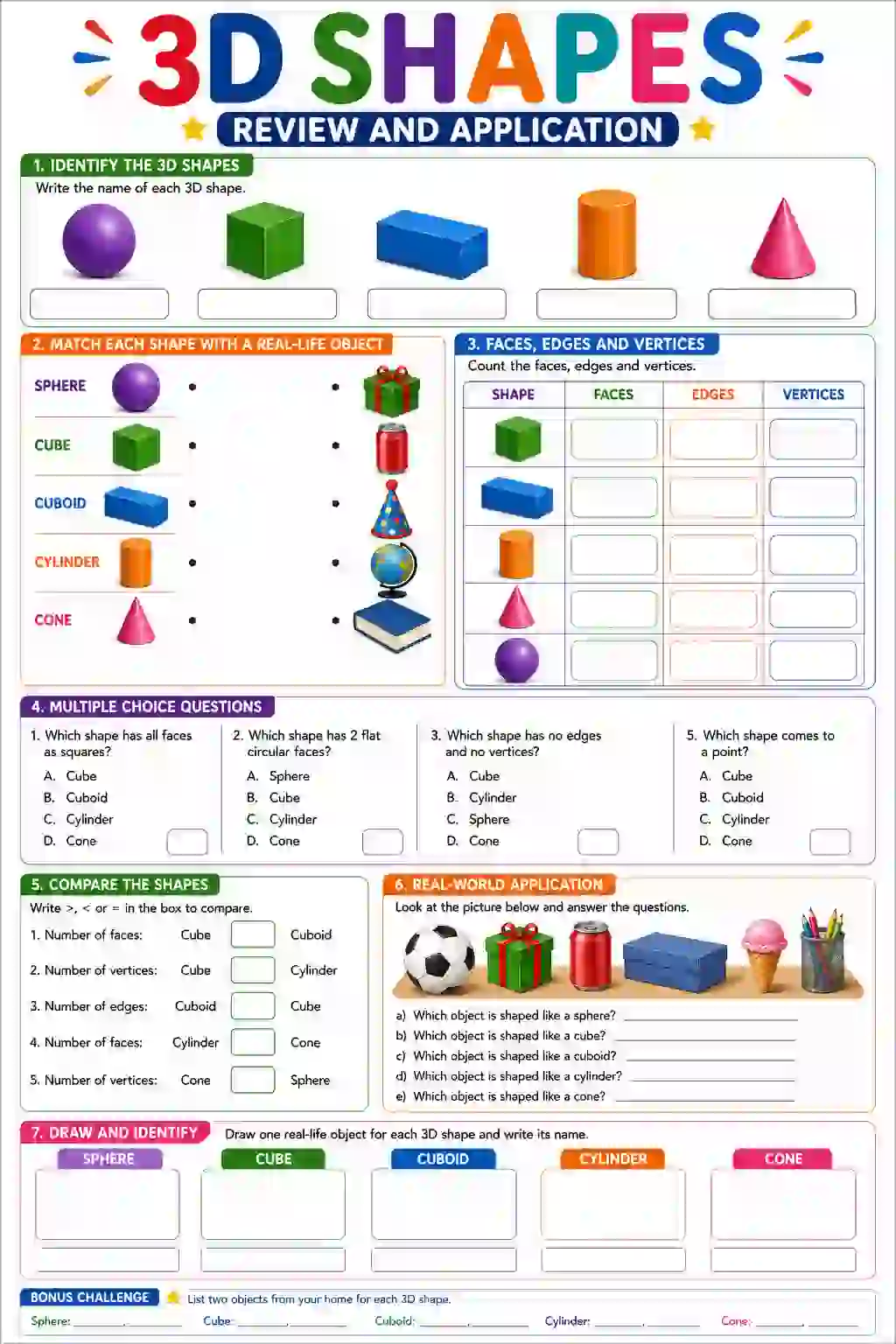 3D Shapes Review and Application Worksheet (Class 3)