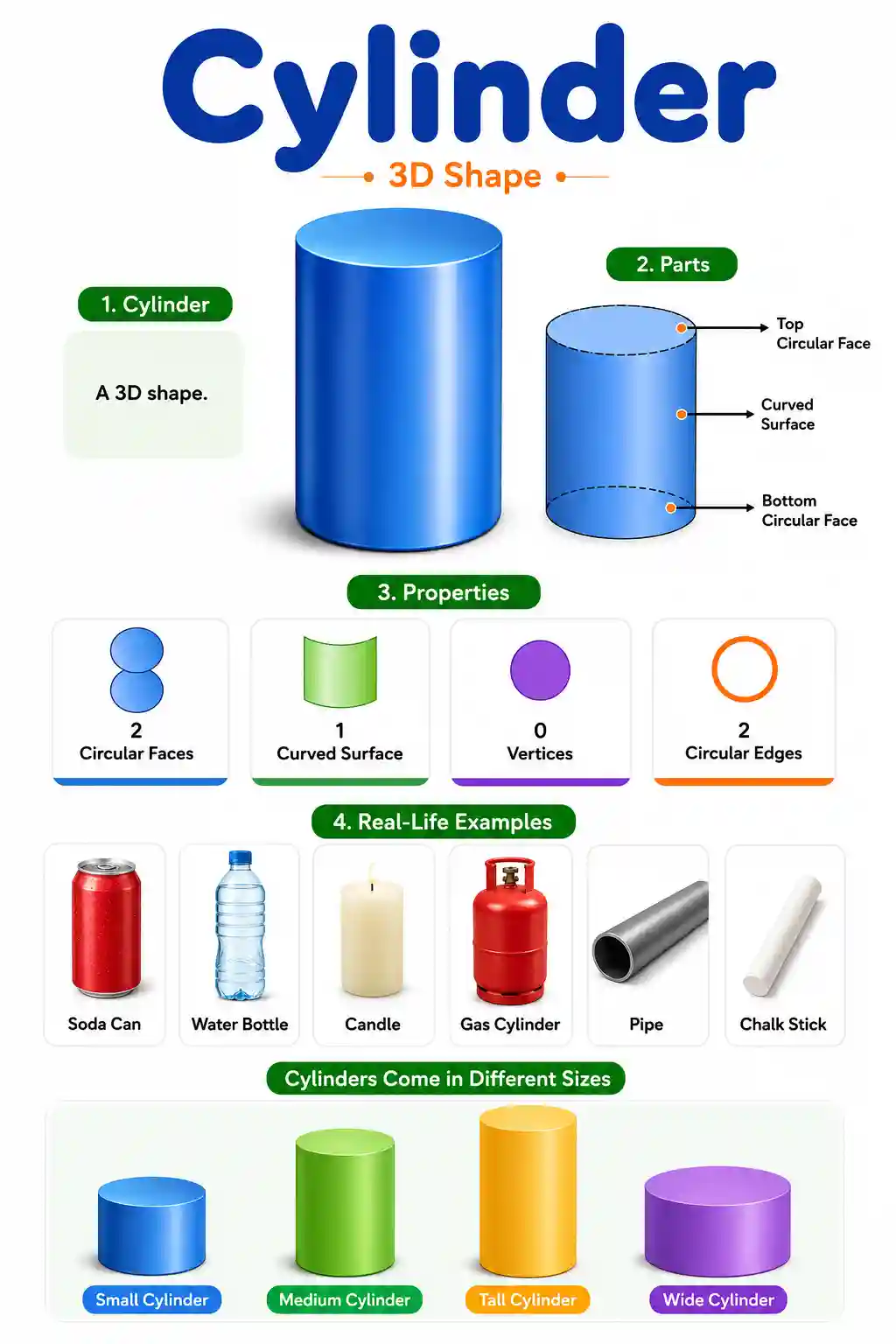 Cylinder 3D Shape Chart — Properties, Parts & Real Life Objects