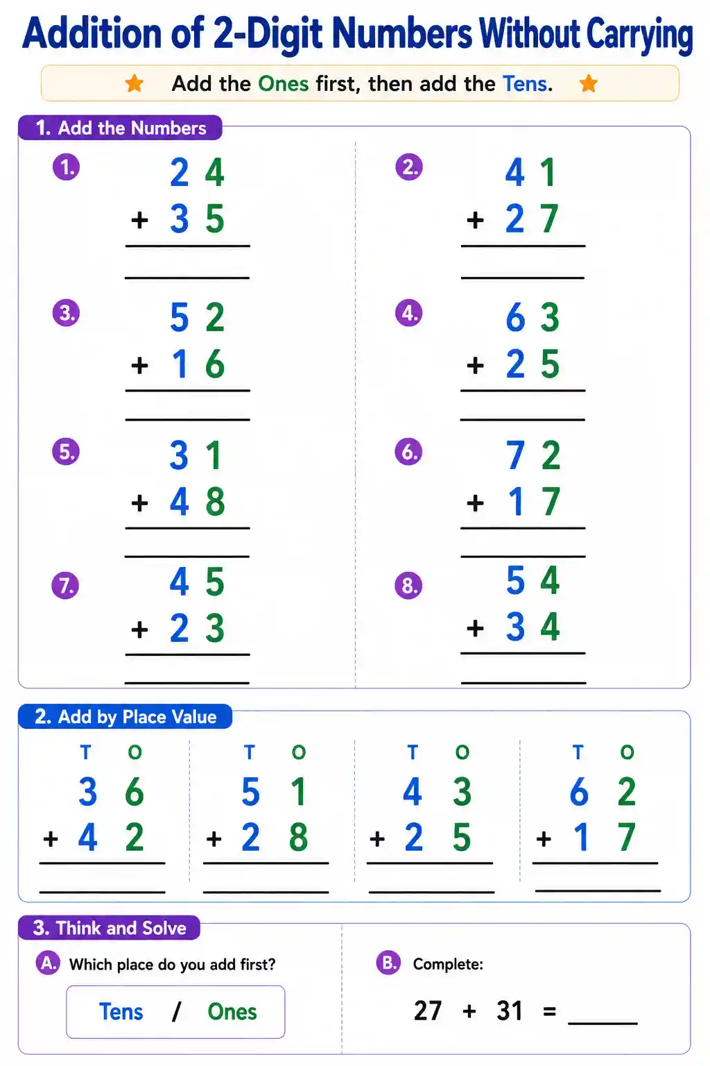 Class 3 Math 2-Digit Addition Without Carrying Worksheet