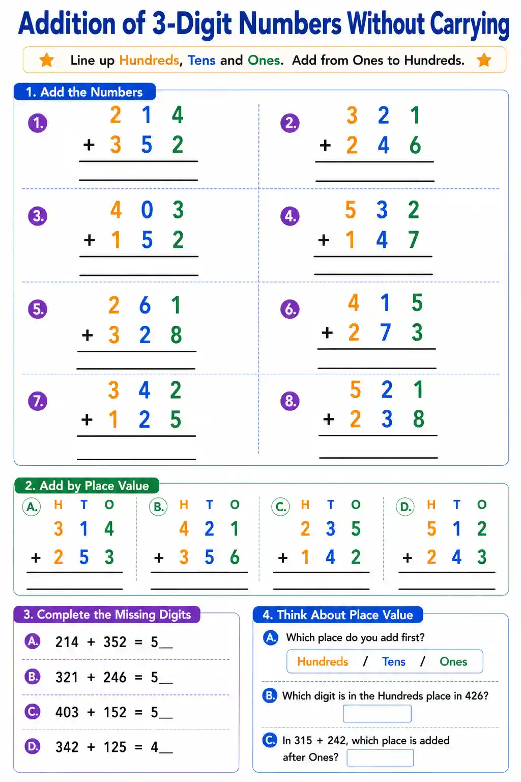 Class 3 Math 3-Digit Addition Without Carrying Worksheet