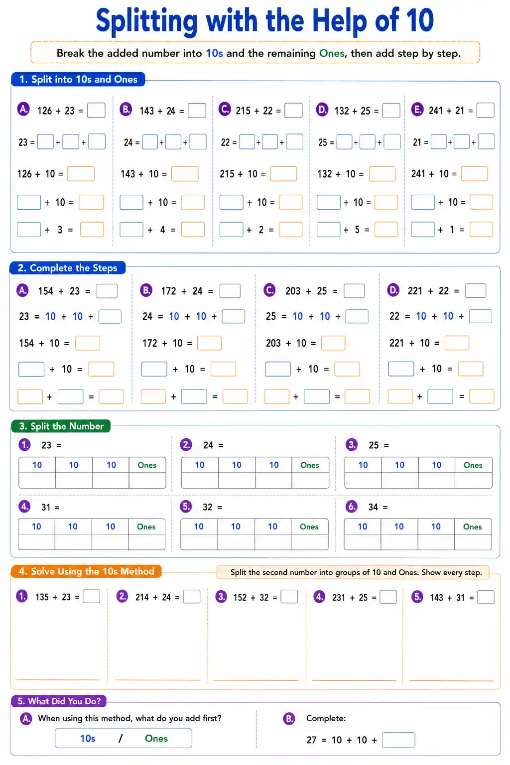 Class 3 Math Splitting with Help of 10 Practice Worksheet 1