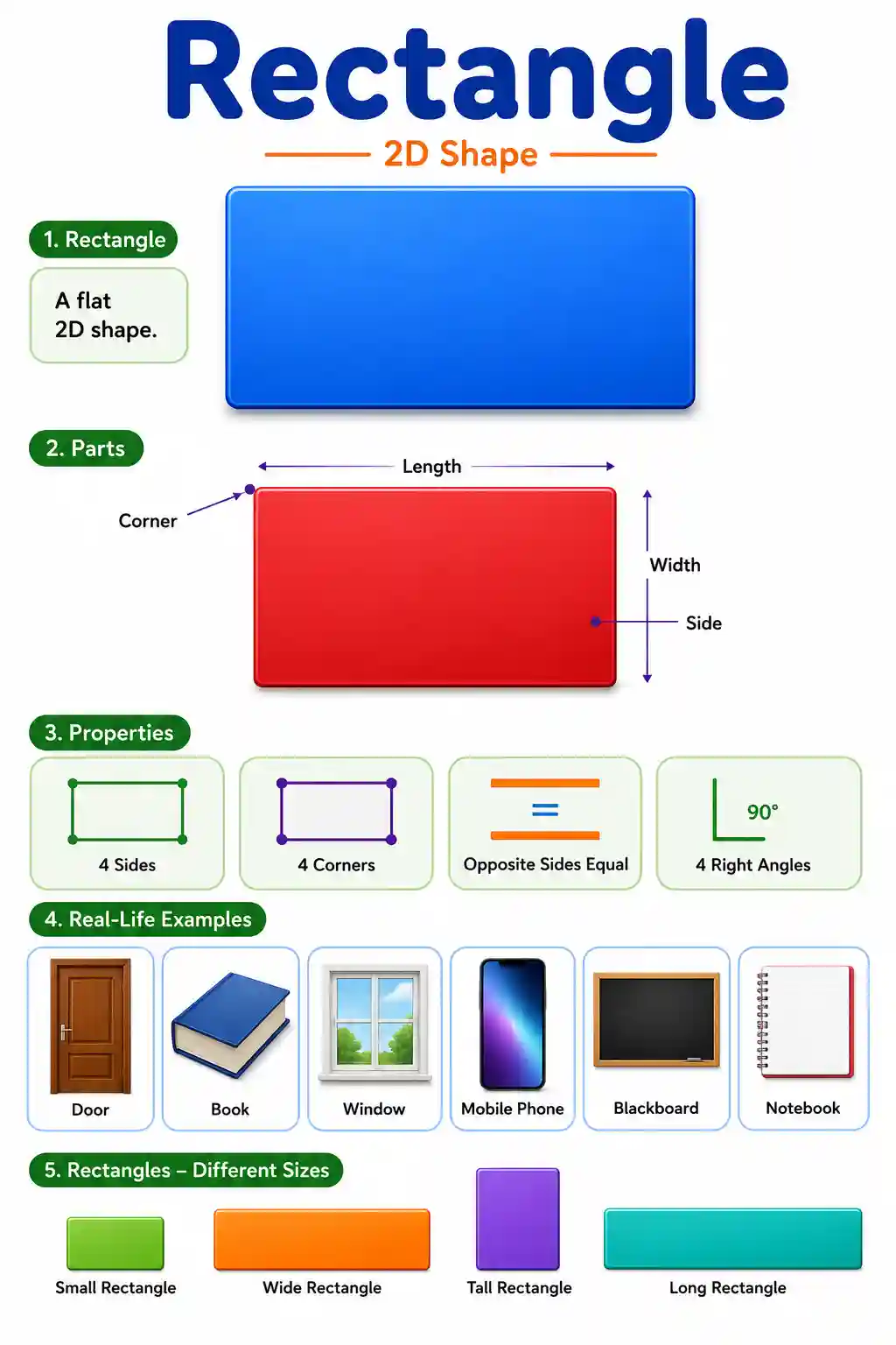 Rectangle 2D Shape Chart — Properties, Parts & Real Life Objects Preview