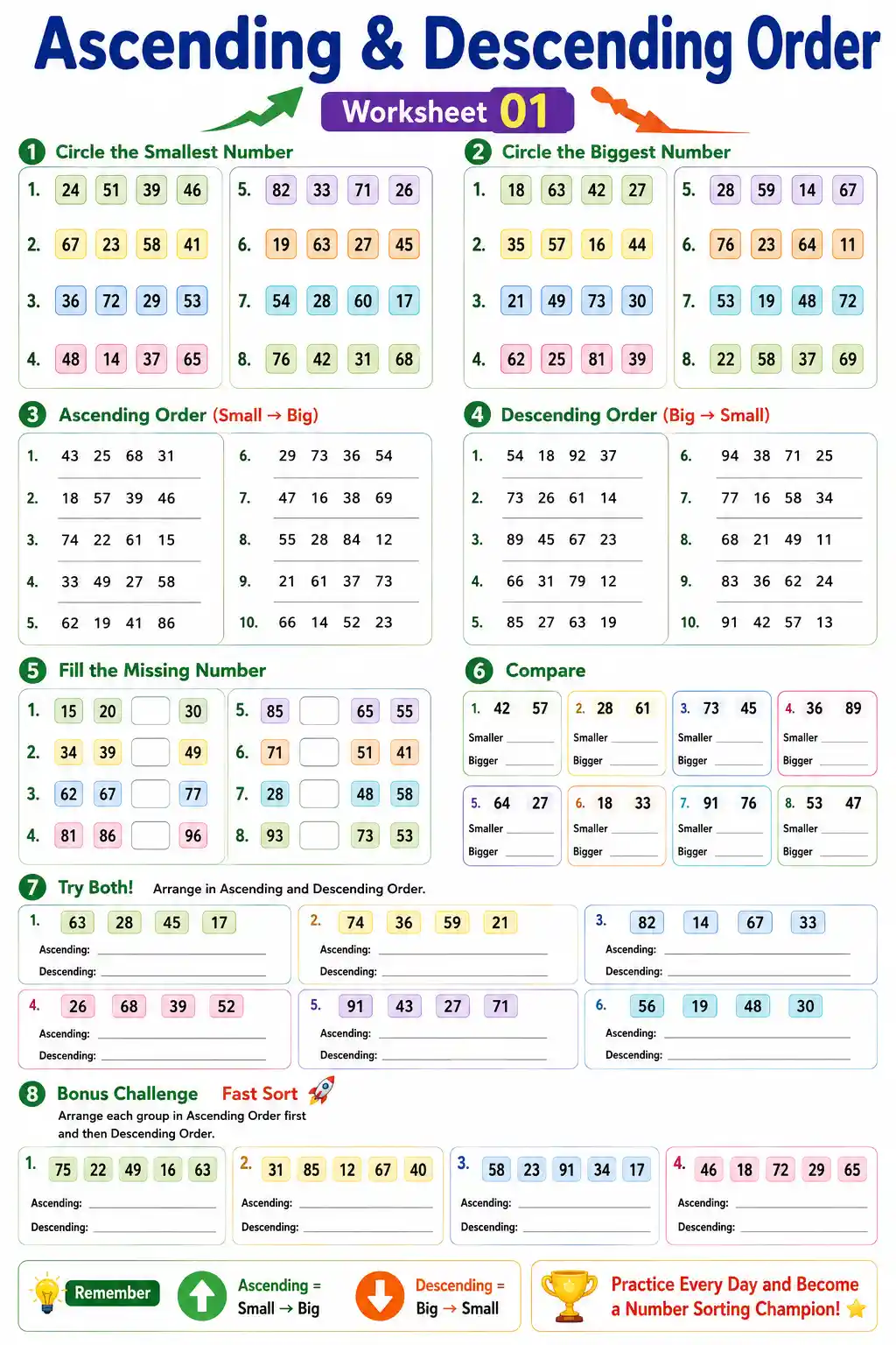 Ascending and Descending Order Practice Worksheet 1
