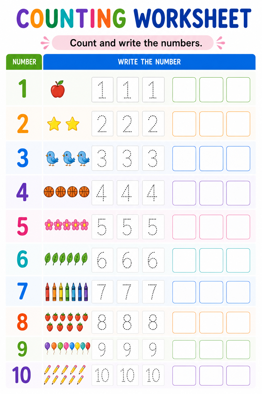 Counting Worksheet - Count and Write the Numbers 1 to 10 (Easy)