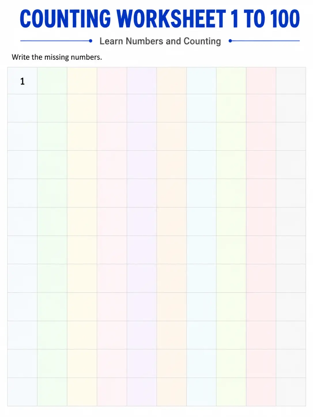 Counting Worksheet 1 to 100 - Write the Missing Numbers (Hard)