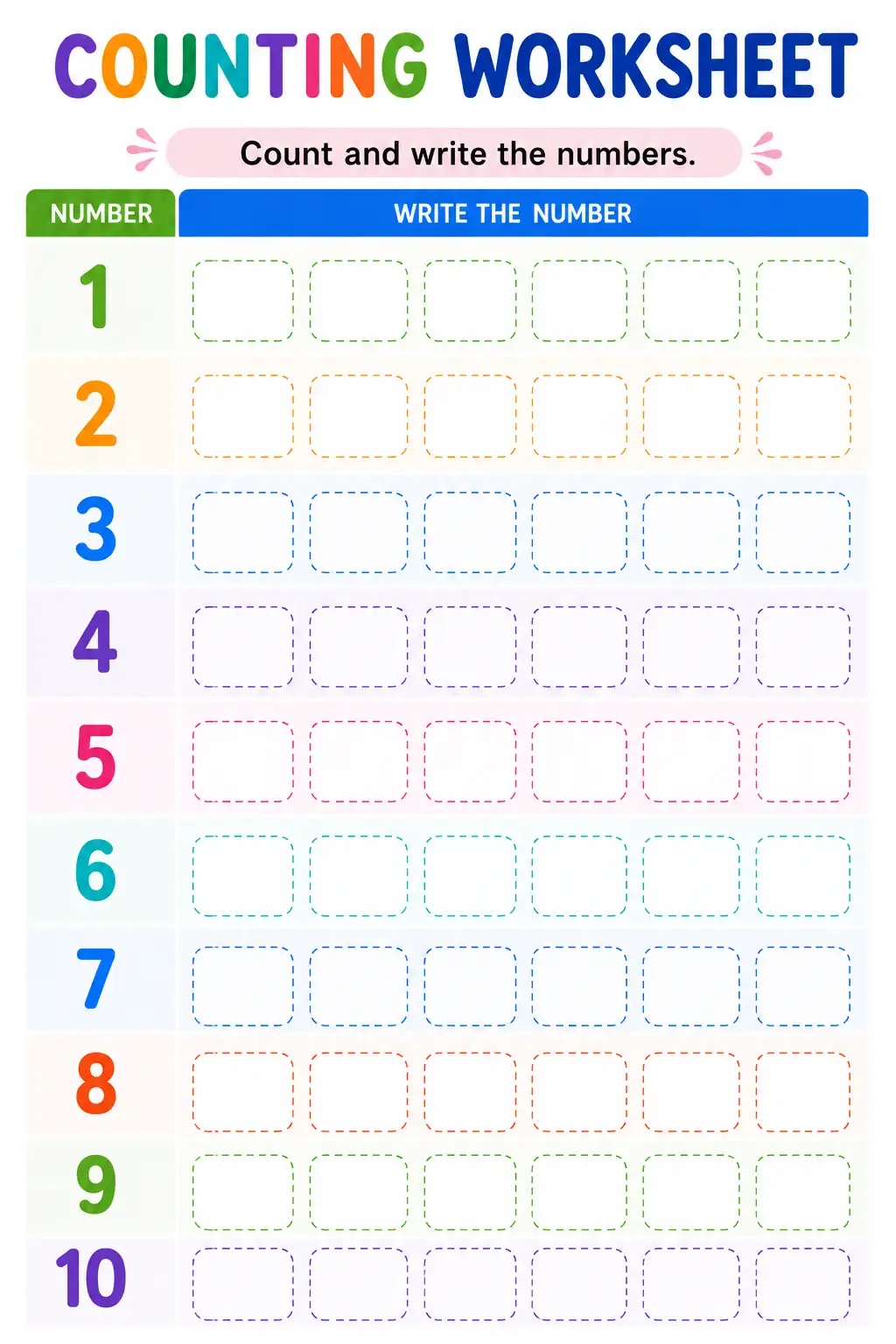 Counting Worksheet - Write the Numbers 1 to 10