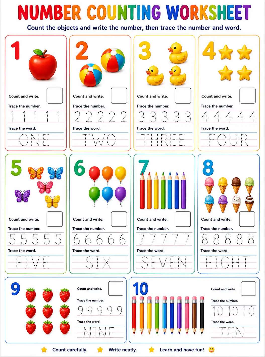 Numbers 1 to 10 Counting Worksheet