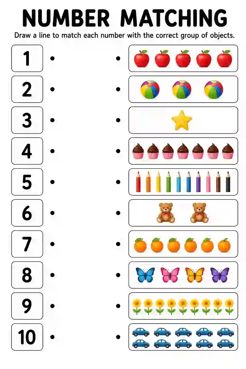 Number Matching Worksheet: 1 to 10 Objects