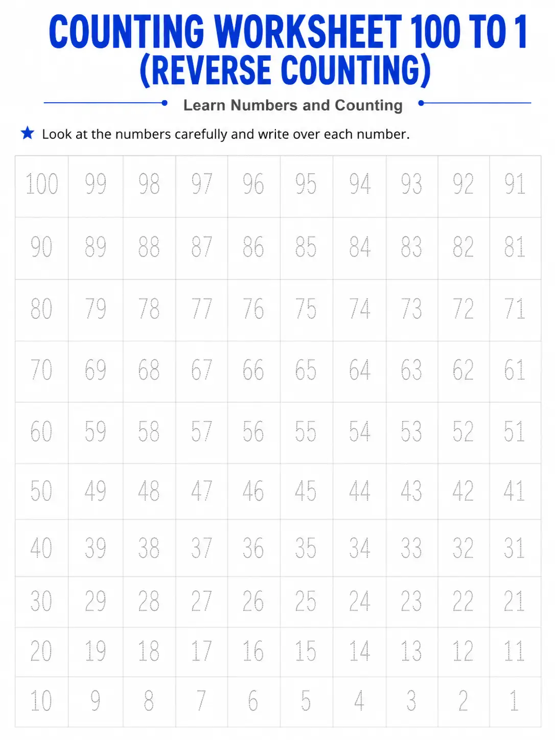 Counting Worksheet 100 to 1 (Reverse Counting) - Write Over Each Number