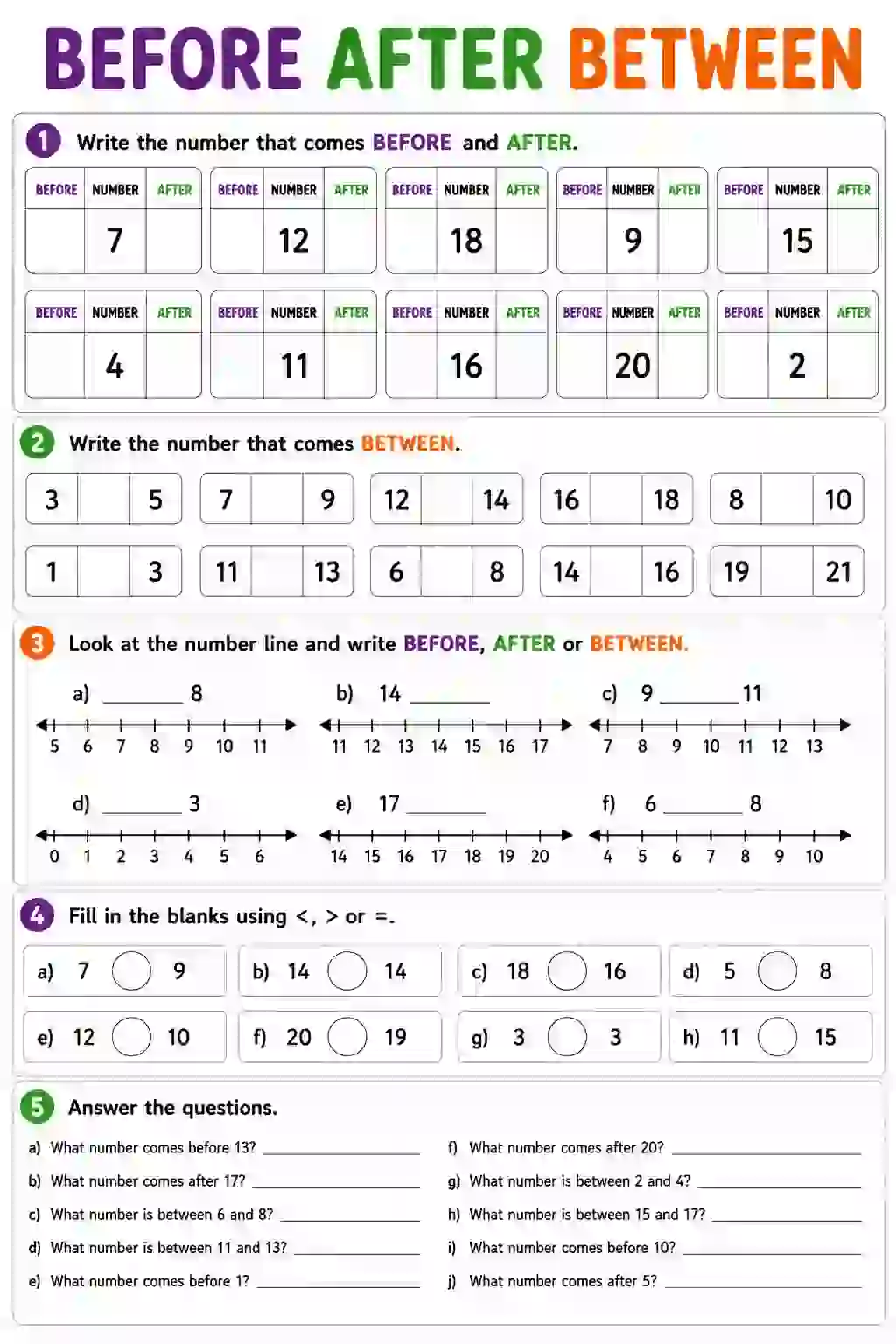 Before, After, and Between Numbers Worksheet