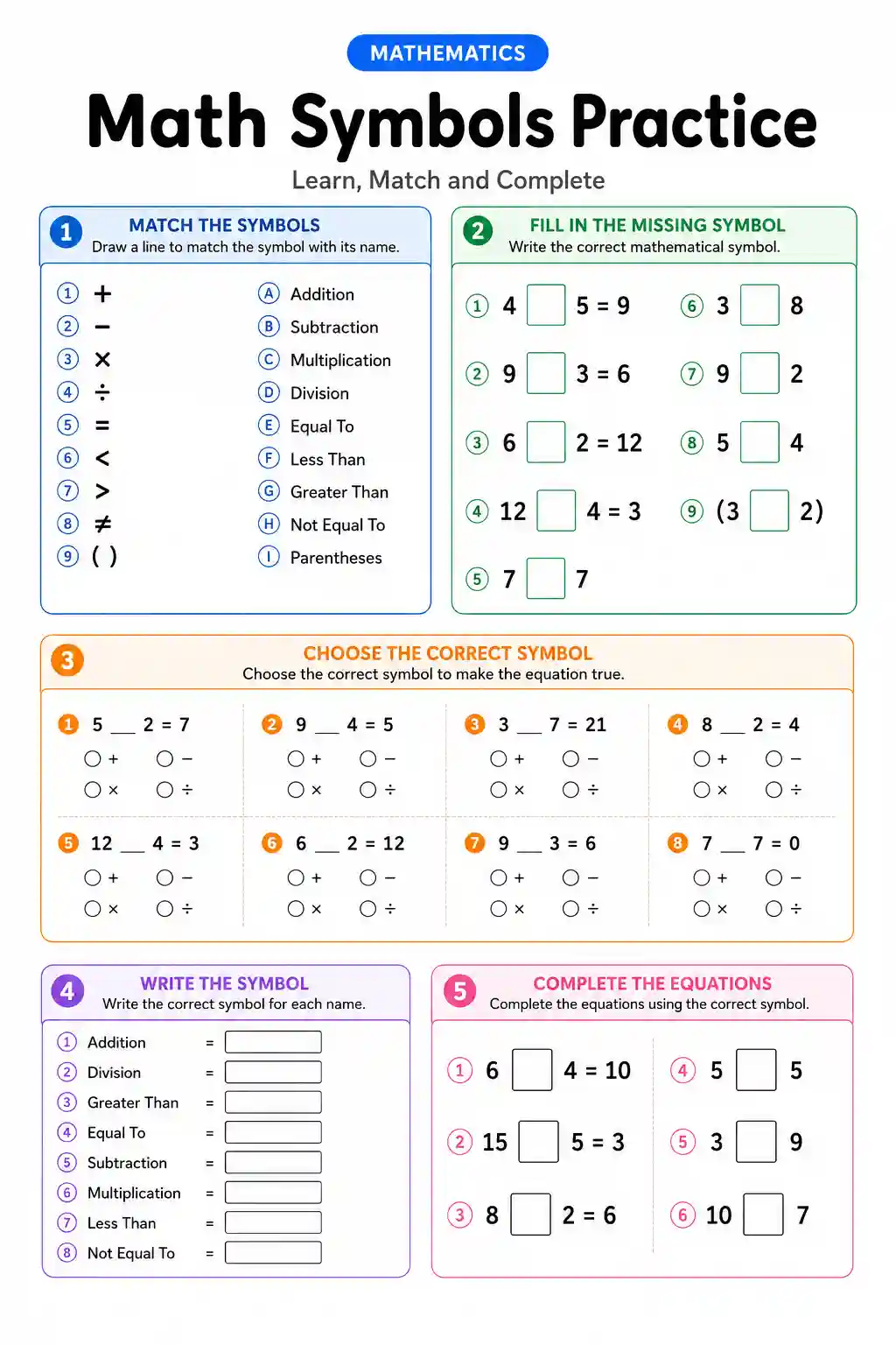Math Symbols Practice Worksheet Preview