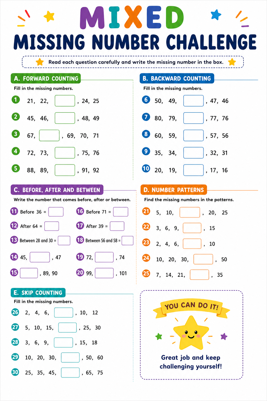 Mixed Missing Number Challenge Worksheet (Class 2)