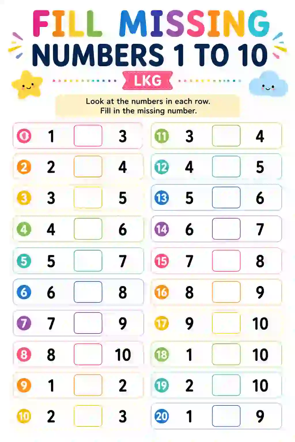 Fill Missing Numbers 1 to 10 Worksheet (LKG)