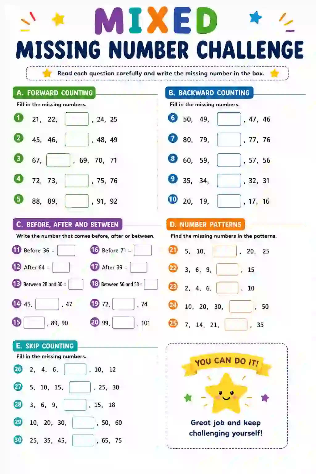 Mixed Missing Number Challenge Worksheet (Class 2)