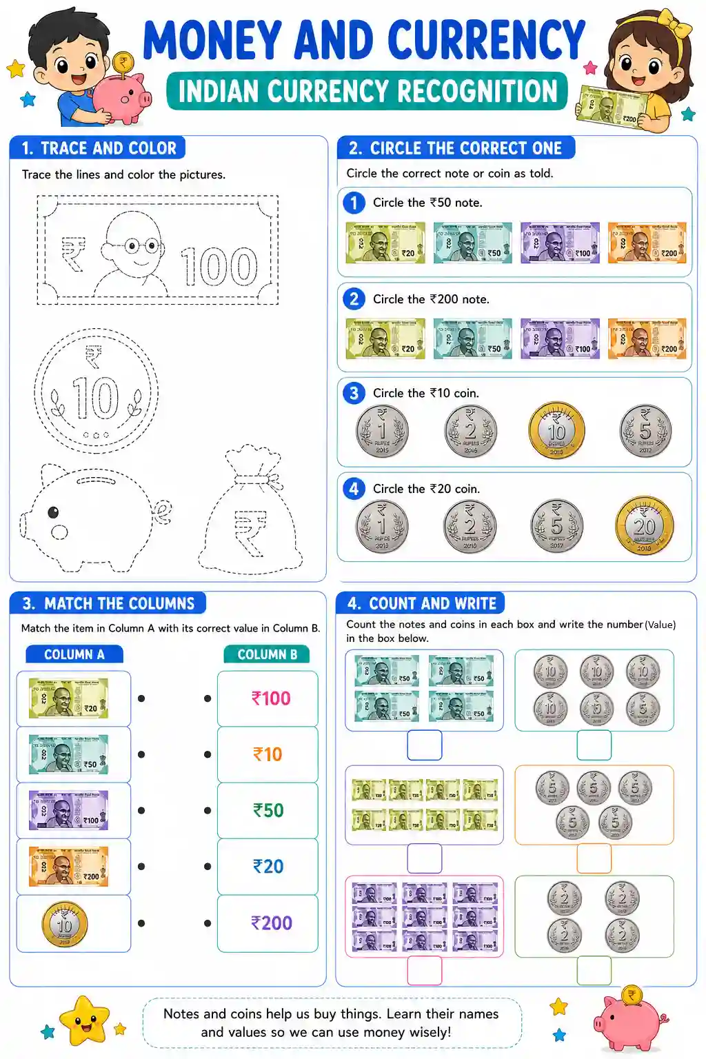 UKG Mathematics Money Indian Currency Recognition Worksheet 1