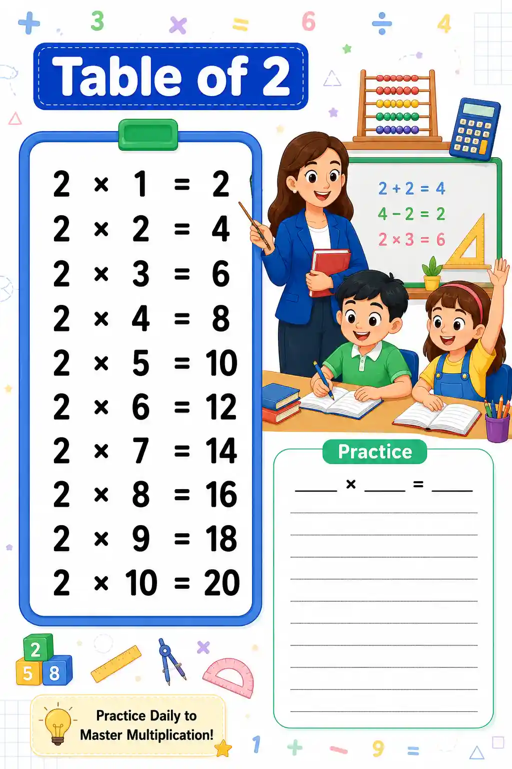 Multiplication Table of 2 Chart & Practice Worksheet