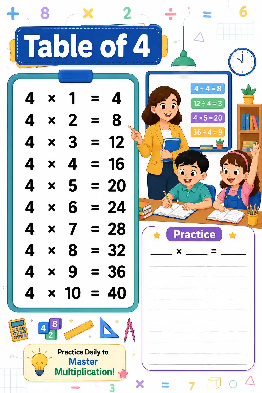 Multiplication Table of 4 Chart & Practice Worksheet