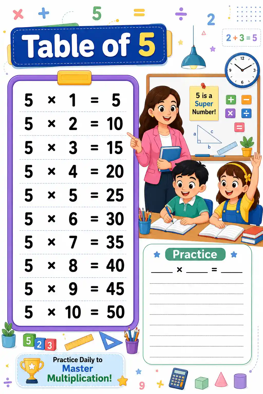 Multiplication Table of 5 Chart & Practice Worksheet
