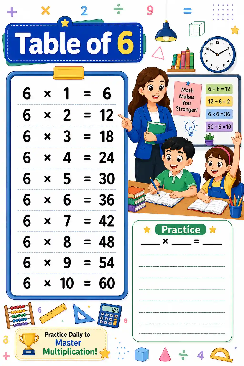 Multiplication Table of 6 Chart & Practice Worksheet