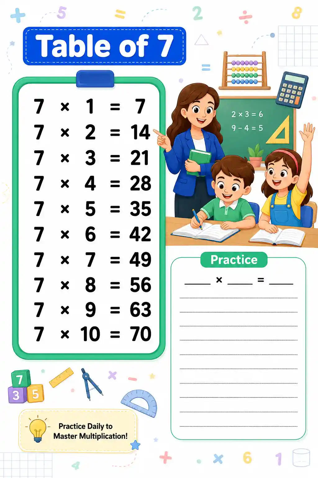 Multiplication Table of 7 Chart & Practice Worksheet