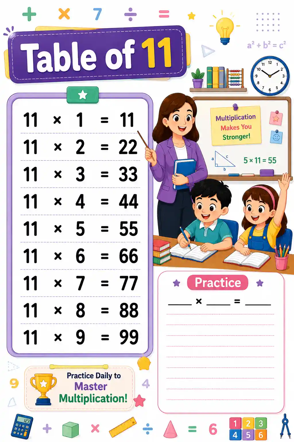 Multiplication Table of 11 Chart & Practice Worksheet Preview