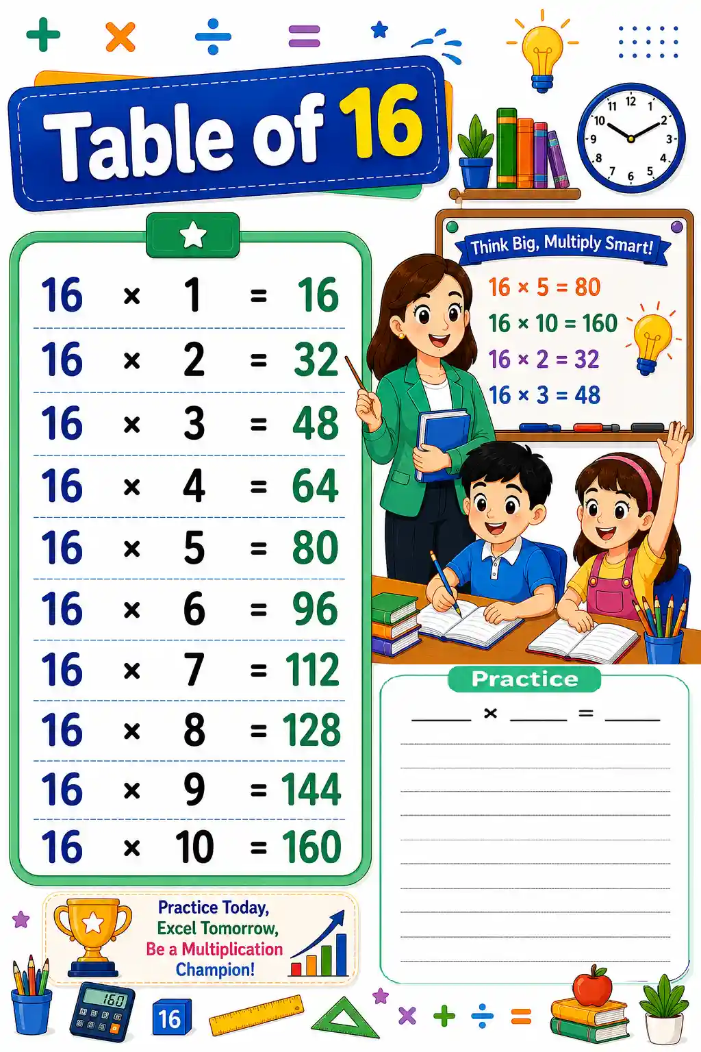 Multiplication Table of 16 Chart & Practice Worksheet Preview