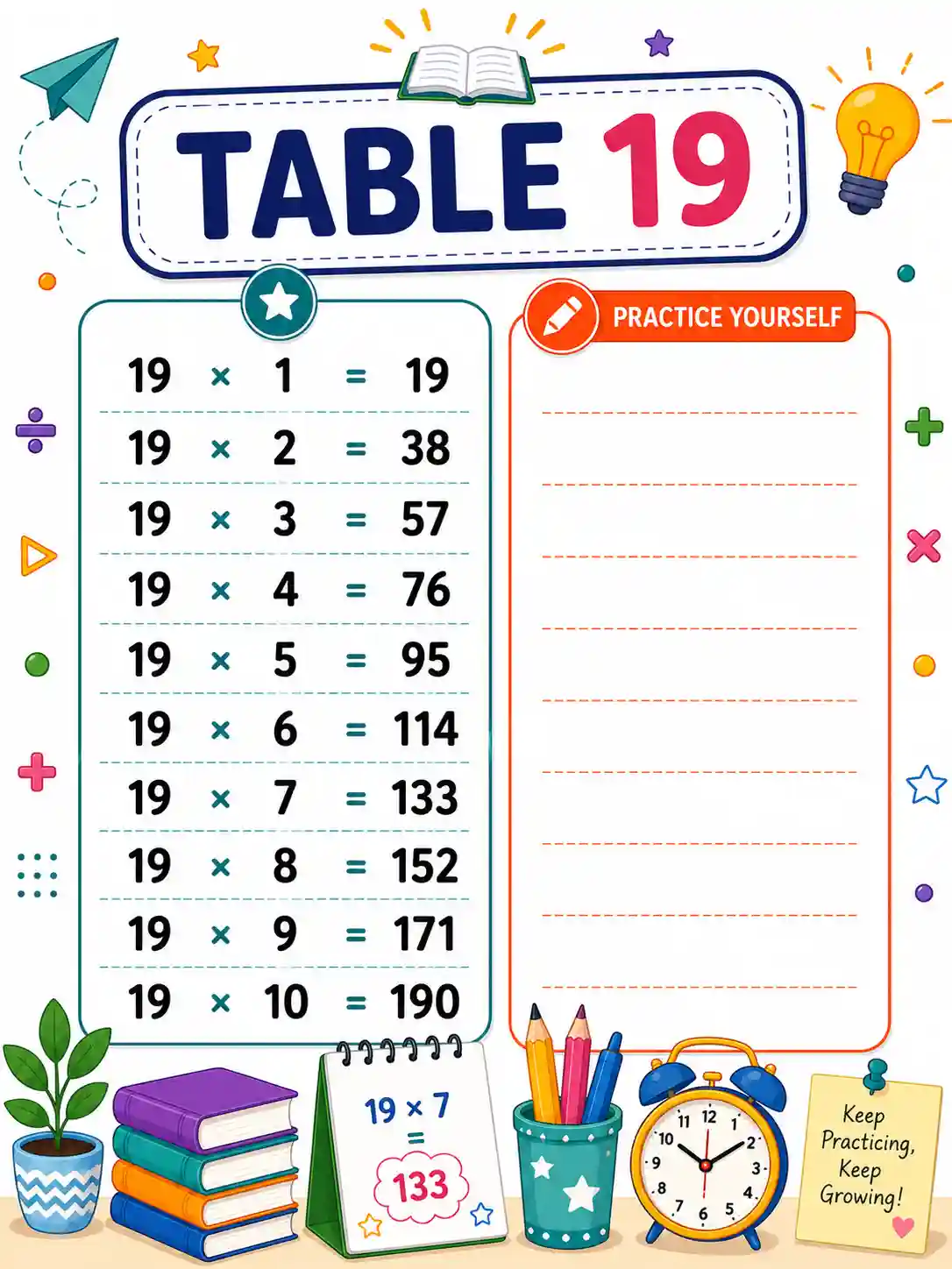 Multiplication Table of 19 Chart & Practice Worksheet