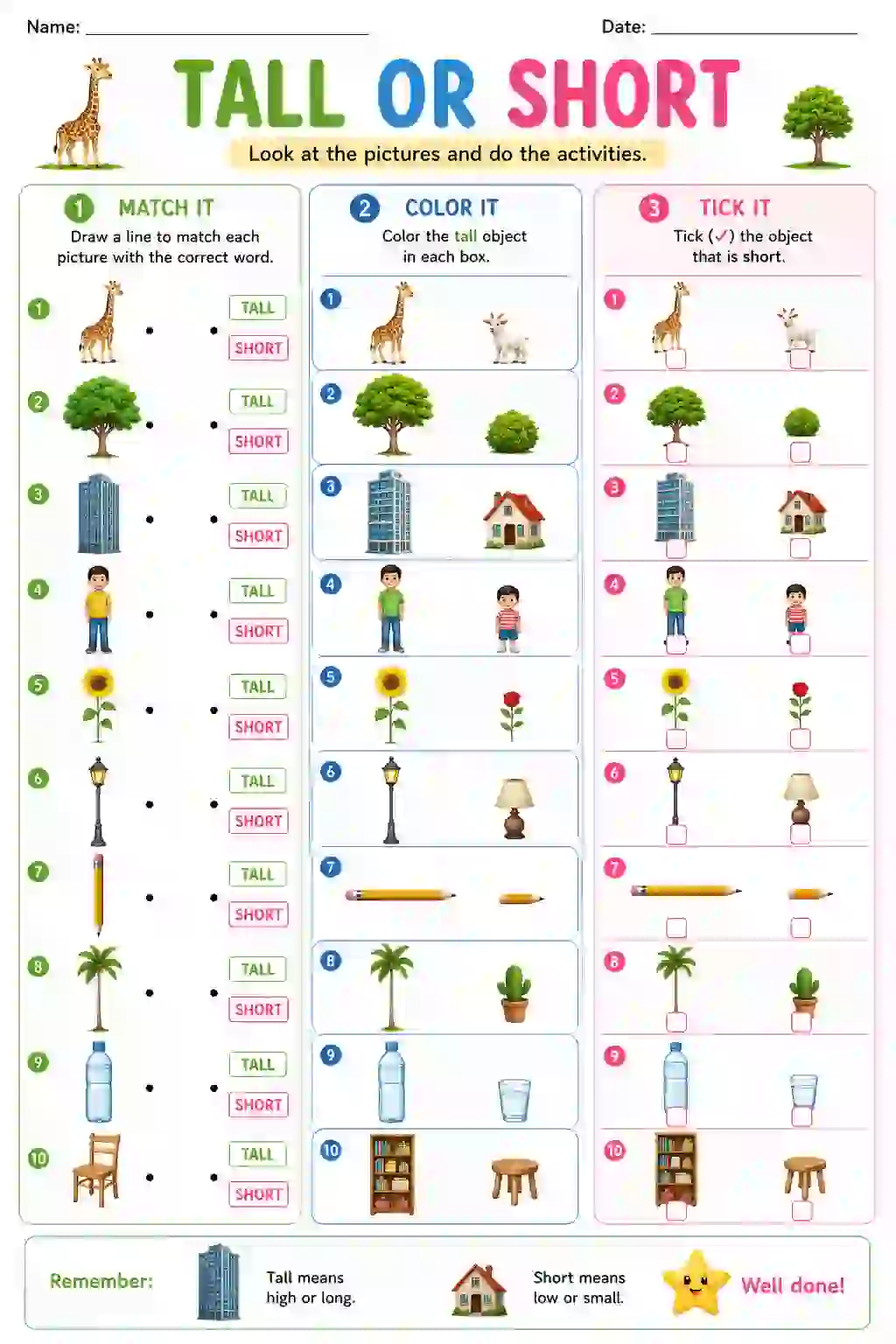Tall or Short Activity Worksheet
