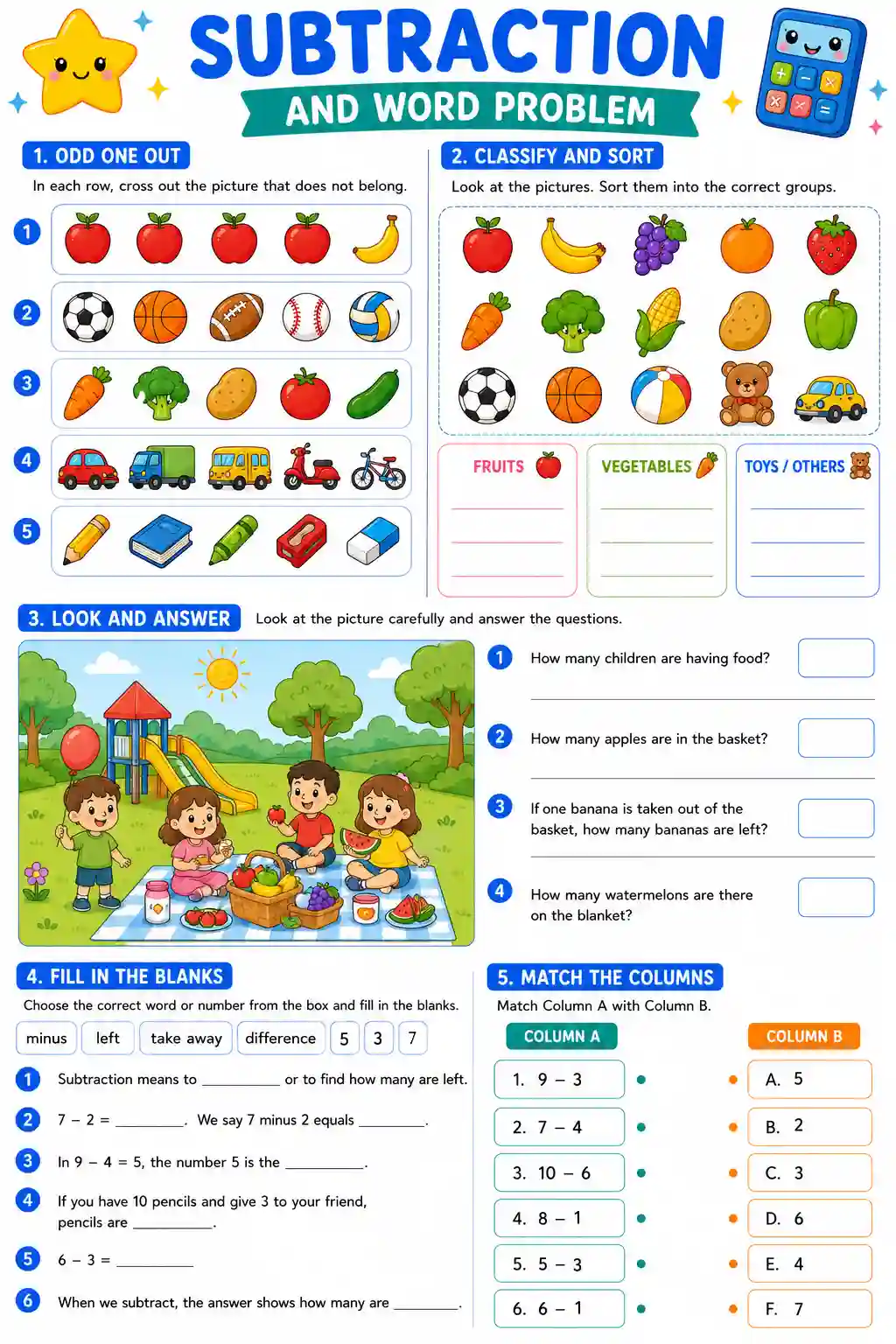 Class 1 Mathematics Subtraction And Word Problem Worksheet 8