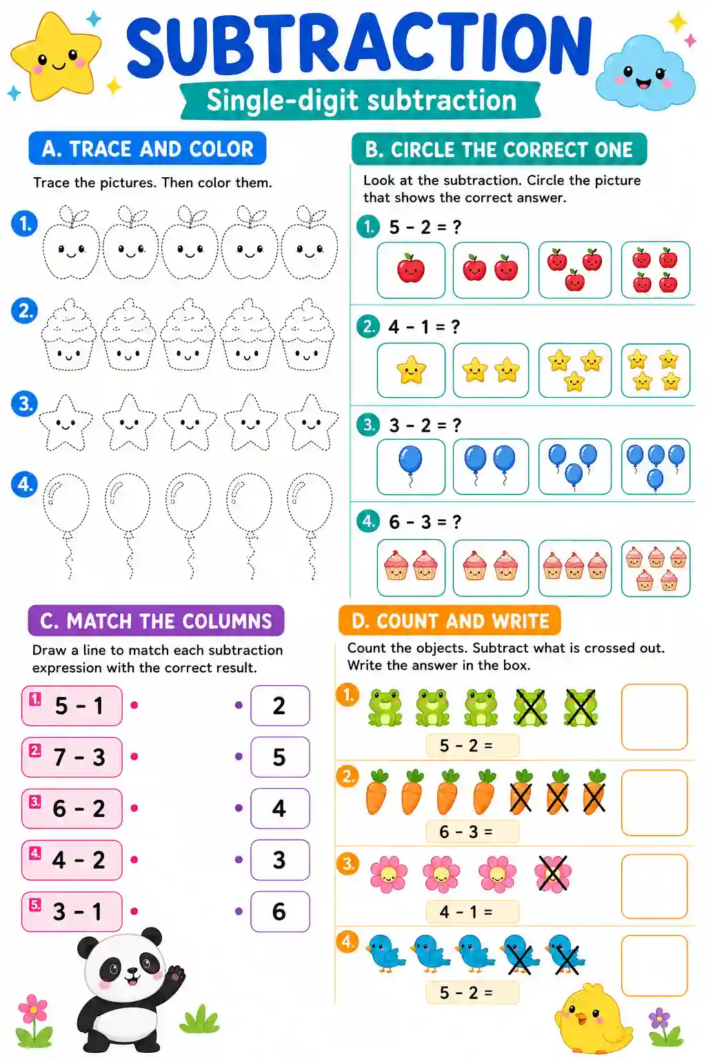 LKG Mathematics Single Digit Subtraction Worksheet 1