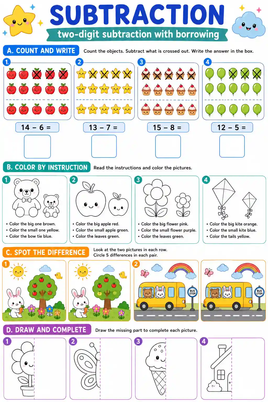 UKG Mathematics Two Digit Subtraction With Borrowing Worksheet 2