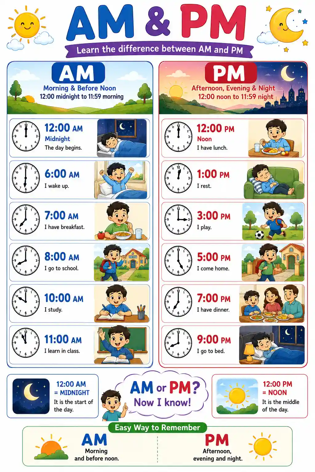 Class 1 Maths AM vs PM Daily Routine Chart