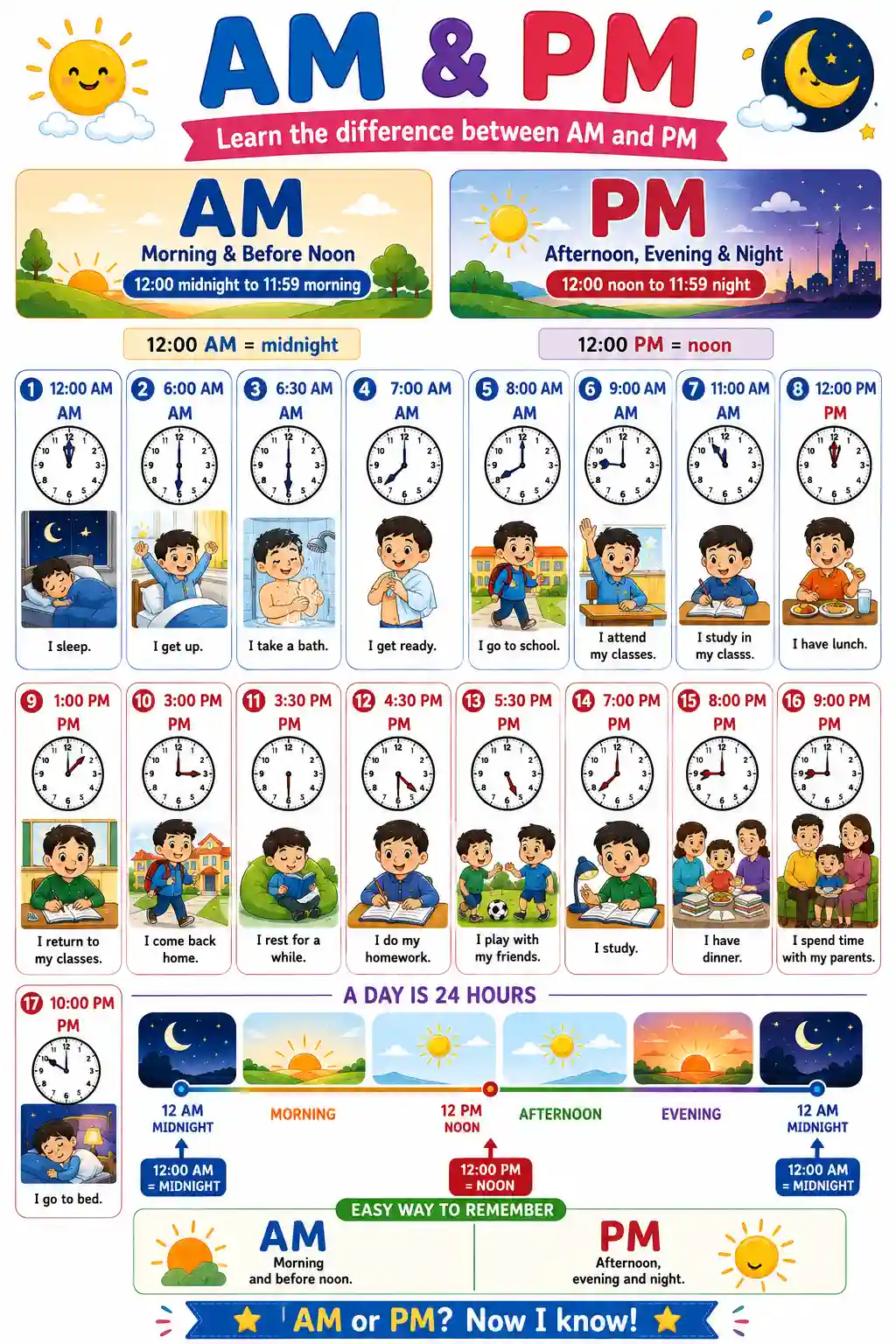 Class 2 Maths AM and PM Time Concept Chart