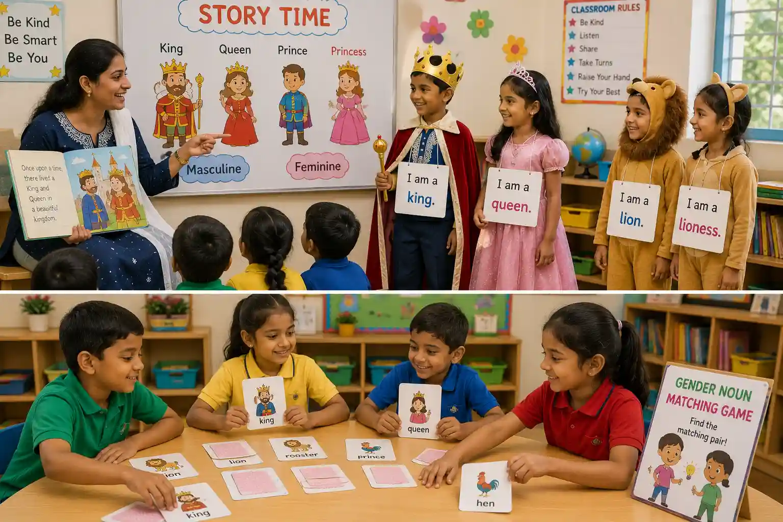kids playing gender noun matching game in classroom