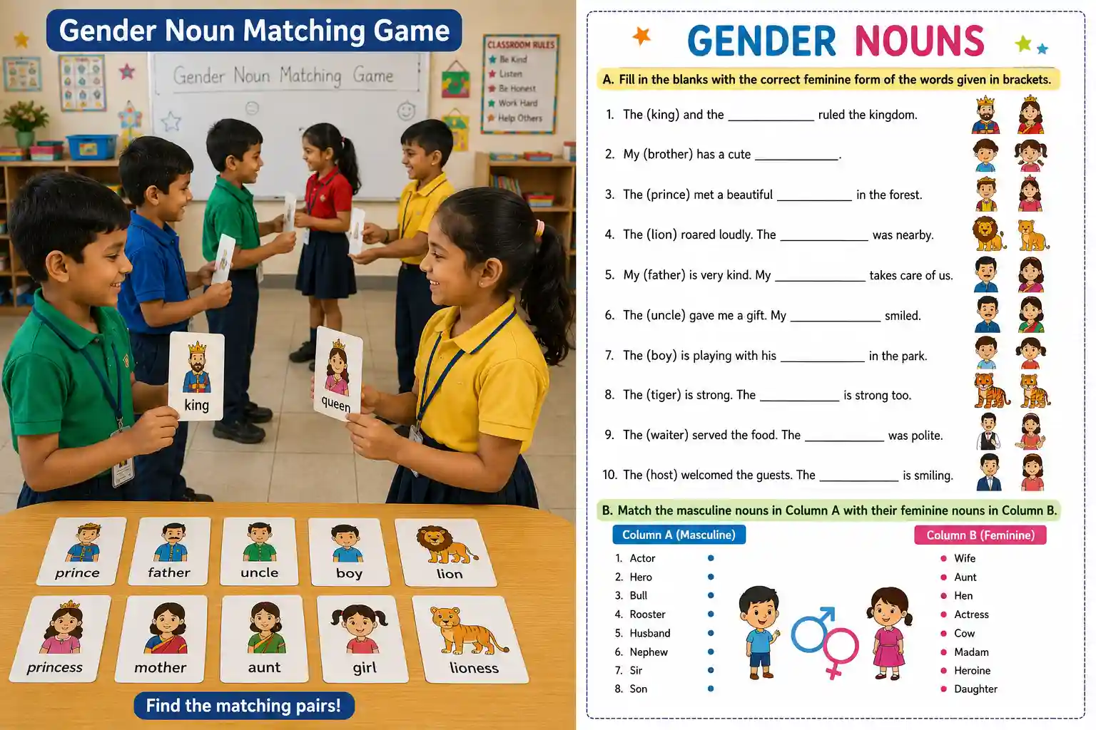 masculine and feminine nouns worksheet for Class 1 to 5