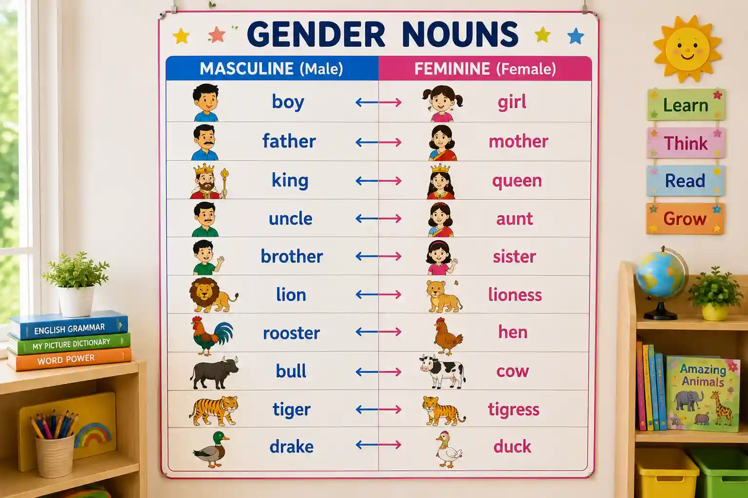 gender nouns chart for kids showing masculine and feminine words