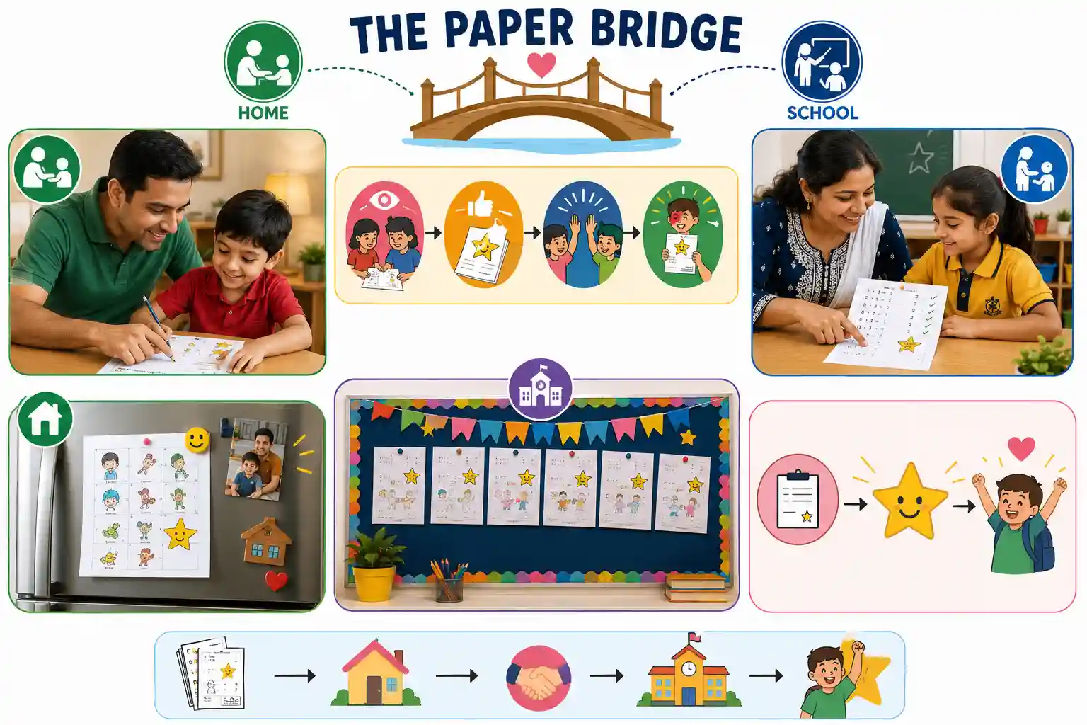 teacher and young student reviewing completed paper worksheet together with star marks